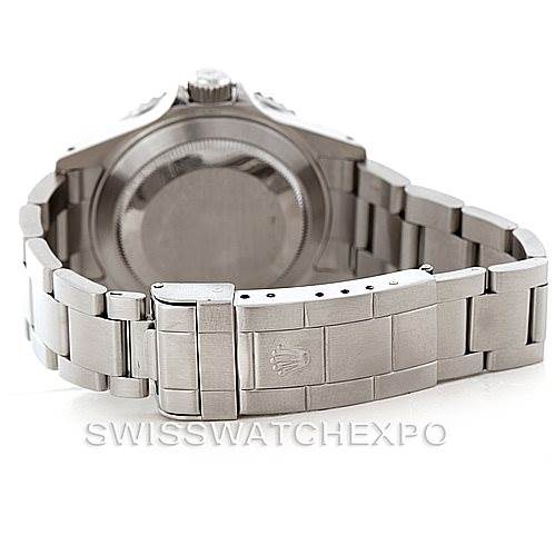 This is a rear view of a Rolex Submariner 16610 Men
s Stainless Steel Black Dial 16610 Men
s Stainless Steel Black Dial watch showing the bracelet and case back.