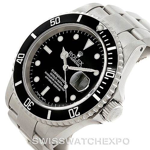 This image shows a Rolex Submariner 16610 Men
s Stainless Steel Black Dial 16610 Men
s Stainless Steel Black Dial watch from a front angle, highlighting the bezel, dial, case, and part of the bracelet.