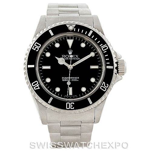 The image shows a frontal view of a Rolex Submariner 14060 Men
s Stainless Steel Black Dial 14060 Men
s Stainless Steel Black Dial watch, featuring its dial, bezel, crown, and bracelet.