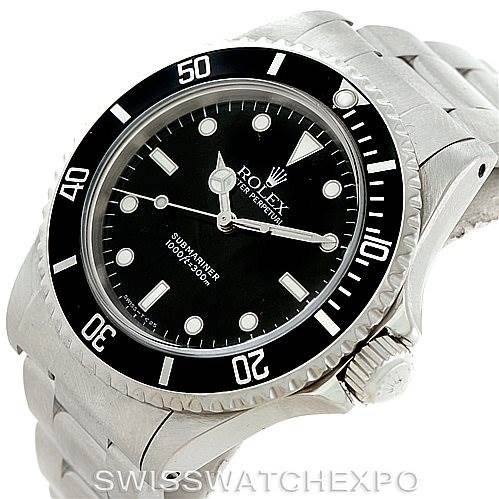 The image shows a Rolex Submariner 14060 Men
s Stainless Steel Black Dial 14060 Men
s Stainless Steel Black Dial watch at an angled top-down view, highlighting the bezel, dial, crown, and part of the bracelet.