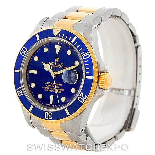 The image shows a Rolex Submariner 16613 Men's Steel and Gold (two tone) Blue Dial 16613 Men's Steel and Gold (two tone) Blue Dial watch at a slight angle, displaying the face, bezel, crown, and part of the bracelet.