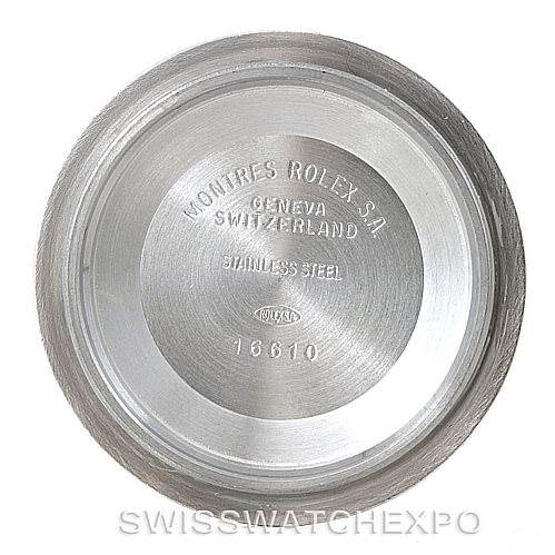 This is the inner case back of a Rolex Submariner 16613 Men's Steel and Gold (two tone) Blue Dial 16613 Men's Steel and Gold (two tone) Blue Dial model, displaying the brand name, materials, and reference number.