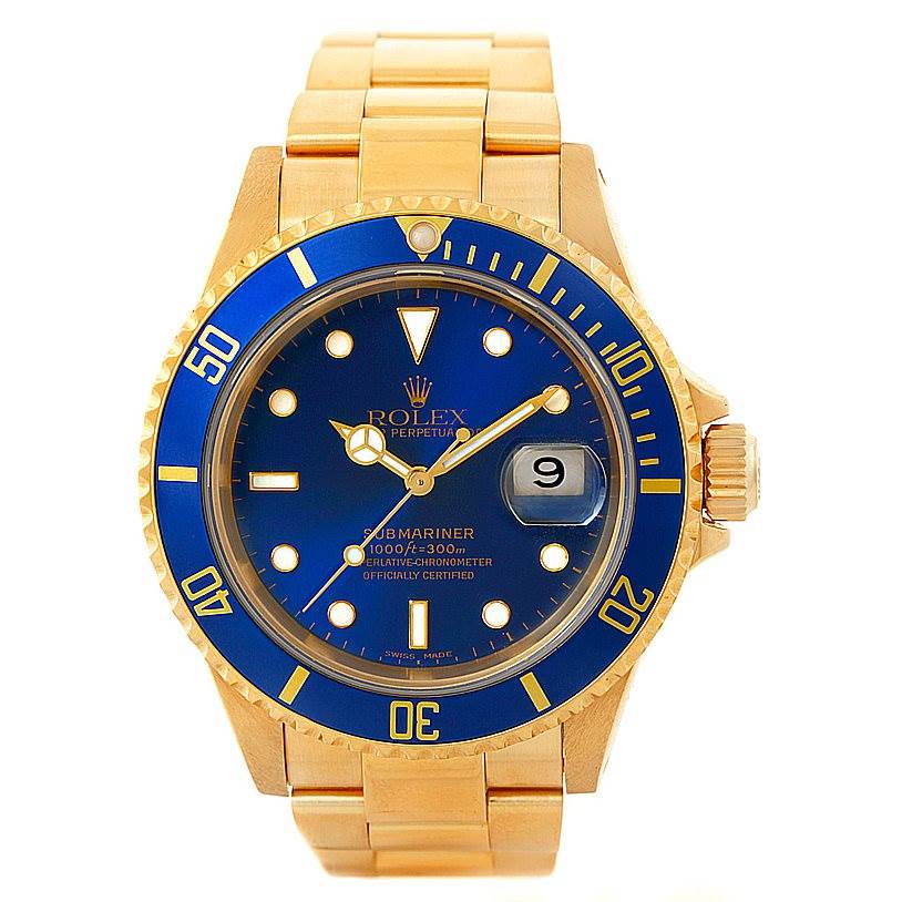 This Rolex Submariner 16618 Men
s Yellow Gold Blue Dial 16618 Men
s Yellow Gold Blue Dial watch is shown from a front angle, highlighting its face, bezel, crown, and bracelet.