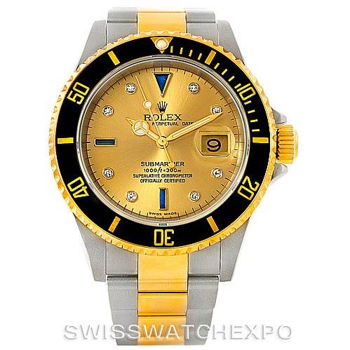 The image shows a front view of a Rolex Submariner 16613 Men's Steel and Gold (two tone) Champagne Dial 16613 Men's Steel and Gold (two tone) Champagne Dial watch, highlighting its bezel, dial, and bracelet.