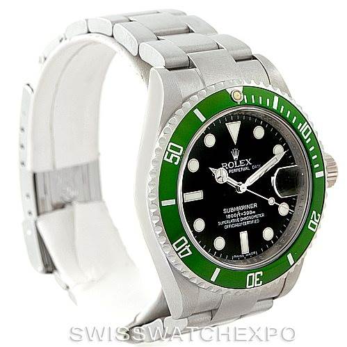 The image shows a side angle of a Rolex Submariner 16610V Men
s Stainless Steel Black Dial 16610V Men
s Stainless Steel Black Dial watch, highlighting the green bezel, black dial, and stainless steel bracelet.