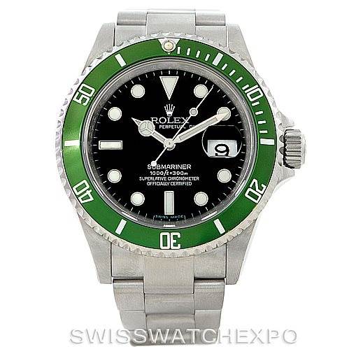The image shows a front view of the Rolex Submariner 16610V Men
s Stainless Steel Black Dial 16610V Men
s Stainless Steel Black Dial watch, featuring a green bezel, black dial, and date display.