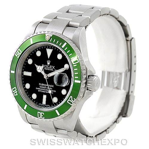 The image shows a Rolex Submariner 16610V Men
s Stainless Steel Black Dial 16610V Men
s Stainless Steel Black Dial watch at a slight angle, displaying the dial, bezel, case, crown, and part of the bracelet.