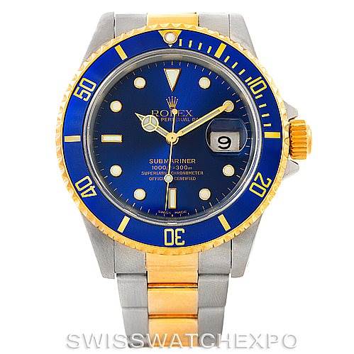 This image shows a front view of a Rolex Submariner 16613 Men's Steel and Gold (two tone) Blue Dial 16613 Men's Steel and Gold (two tone) Blue Dial watch with a blue and gold bezel and a blue dial.