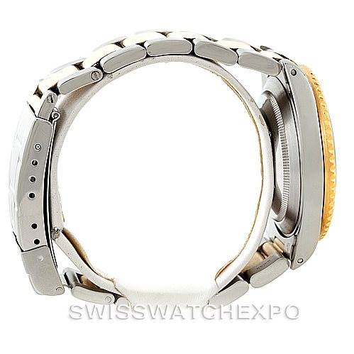 This image shows a side view of the Rolex Submariner 16613 Men's Steel and Gold (two tone) Blue Dial 16613 Men's Steel and Gold (two tone) Blue Dial's case and bracelet, focusing on the crown and the edge of the bezel.