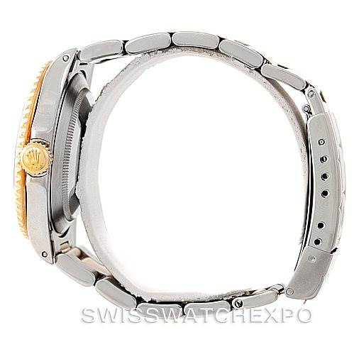 The image shows a side view of a Rolex Submariner 16613 Men's Steel and Gold (two tone) Blue Dial 16613 Men's Steel and Gold (two tone) Blue Dial watch, highlighting its bracelet, crown, and part of the bezel.