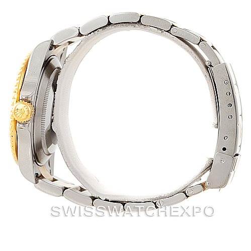 This image shows a side angle of the Rolex Submariner 16613 Men's Steel and Gold (two tone) Grey Dial 16613 Men's Steel and Gold (two tone) Grey Dial watch, highlighting the bracelet and crown.