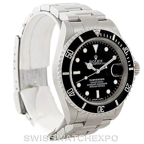 The Rolex Submariner 16610 Men
s Stainless Steel Black Dial 16610 Men
s Stainless Steel Black Dial watch is shown at an angled view, displaying the face, bezel, crown, and stainless steel bracelet.
