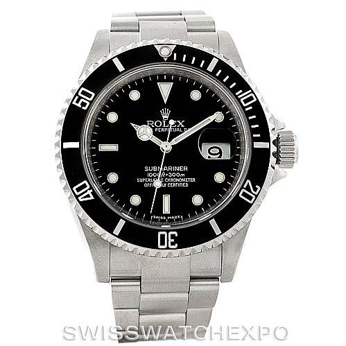 This image shows a front view of a Rolex Submariner 16610 Men
s Stainless Steel Black Dial 16610 Men
s Stainless Steel Black Dial watch, featuring the black dial, bezel, and stainless steel bracelet.