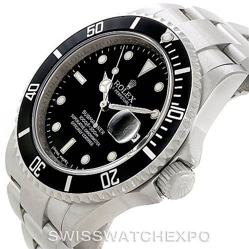 This image shows a Rolex Submariner 16610 Men
s Stainless Steel Black Dial 16610 Men
s Stainless Steel Black Dial watch at a slight angled view, highlighting the bezel, dial, bracelet, and crown.