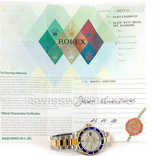 A Rolex Submariner 16613 Men
s Steel and Gold (two tone) Grey Dial 16613 Men
s Steel and Gold (two tone) Grey Dial model watch is shown alongside its warranty certificate and official chronometer certification.