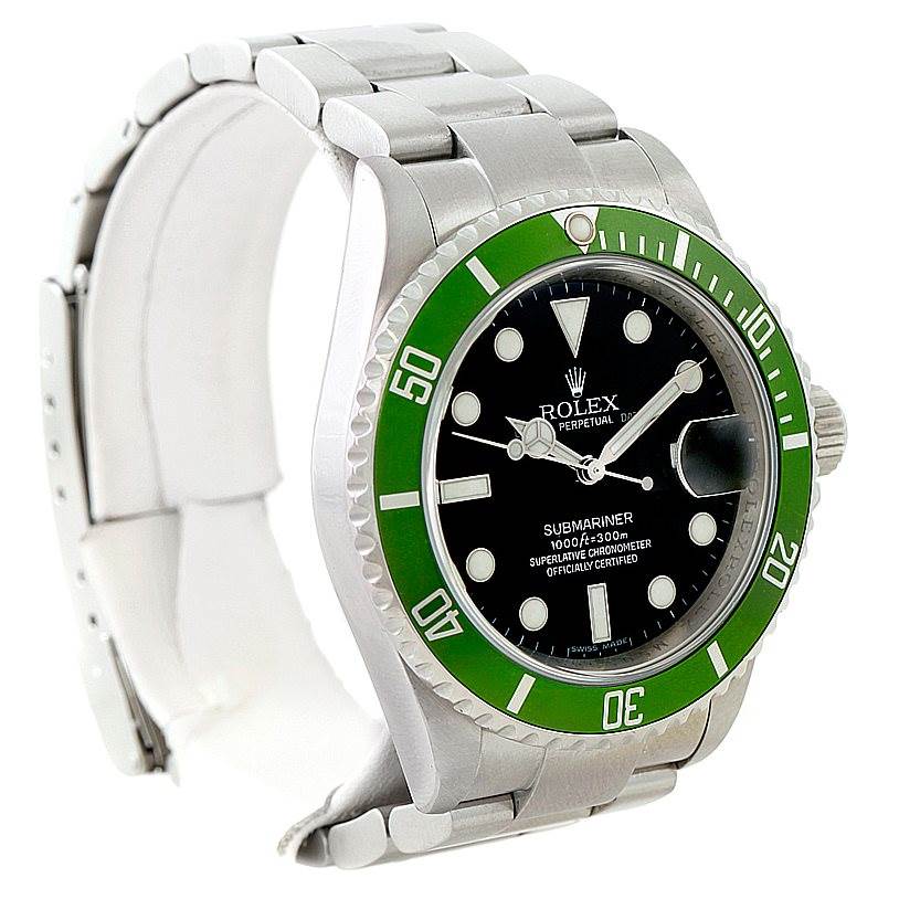 The Rolex Submariner 16610V Men
s Stainless Steel Black Dial 16610V Men
s Stainless Steel Black Dial watch is shown from an angled side-view, featuring its green bezel, black dial, and stainless steel bracelet.