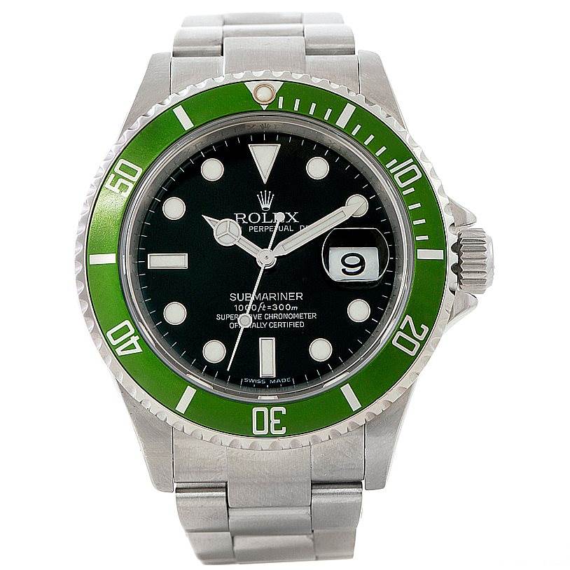 This Rolex Submariner 16610V Men
s Stainless Steel Black Dial 16610V Men
s Stainless Steel Black Dial watch is shown from a front angle, featuring its green bezel, black dial, and stainless steel bracelet.