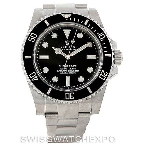 The image shows a front view of a Rolex Submariner 114060 Men
s Stainless Steel Black Dial 114060 Men
s Stainless Steel Black Dial watch, highlighting its bezel, dial, and bracelet.