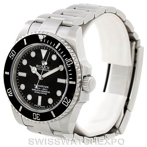 This image shows a Rolex Submariner 114060 Men
s Stainless Steel Black Dial 114060 Men
s Stainless Steel Black Dial model watch at an angled view highlighting its dial, bezel, bracelet, and crown.
