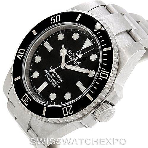 This is an angled view of a Rolex Submariner 114060 Men
s Stainless Steel Black Dial 114060 Men
s Stainless Steel Black Dial watch displaying the bezel, dial, case, and part of the bracelet.
