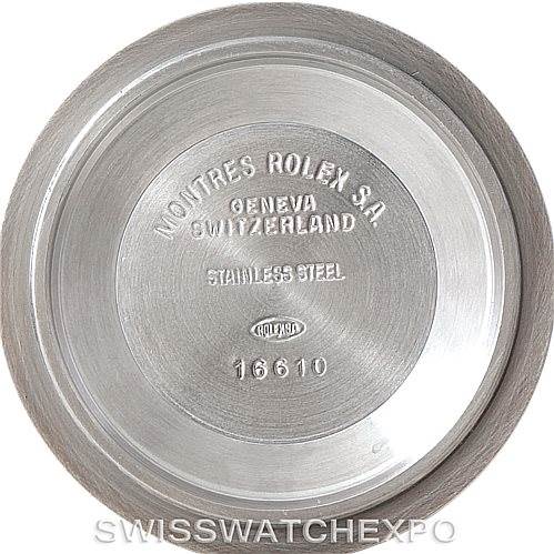 This image shows the stainless steel case back of a Rolex Submariner 16610 Men
s Stainless Steel Black Dial 16610 Men
s Stainless Steel Black Dial 16610, viewed from the inside.