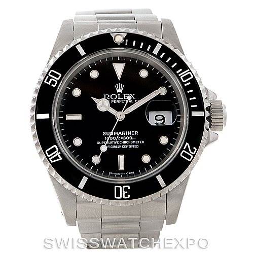 The image shows a front view of a Rolex Submariner 16610 Men
s Stainless Steel Black Dial 16610 Men
s Stainless Steel Black Dial watch, displaying the dial, bezel, and bracelet.