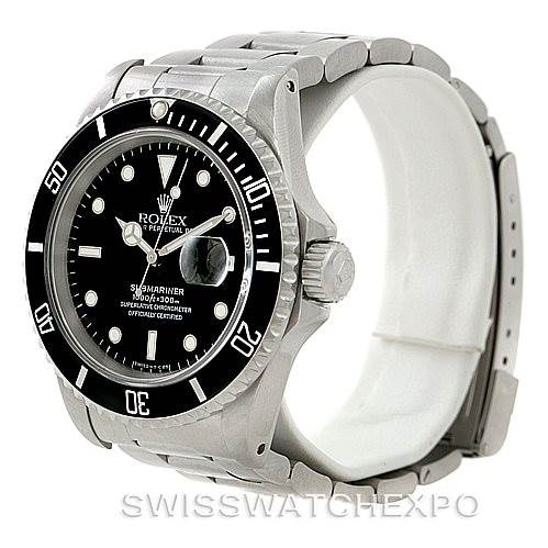 This image shows a side-angle view of a Rolex Submariner 16610 Men
s Stainless Steel Black Dial 16610 Men
s Stainless Steel Black Dial watch, highlighting its bezel, crown, and part of the bracelet.