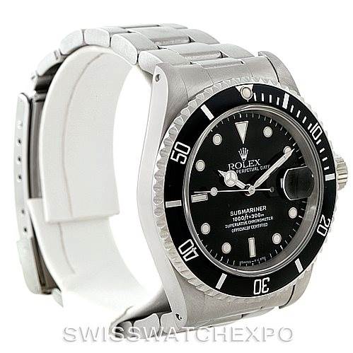 The Rolex Submariner 16610 Men
s Stainless Steel Black Dial 16610 Men
s Stainless Steel Black Dial watch is shown at an angled side view, displaying the dial, bezel, and part of the strap.
