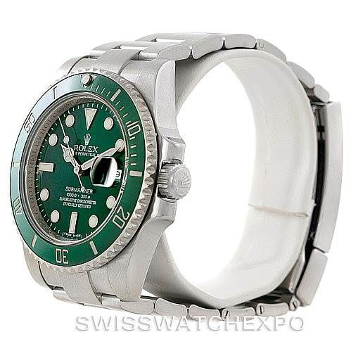 The image shows a side angle view of a Rolex Submariner 116610LV Men
s Stainless Steel Green Dial 116610LV Men
s Stainless Steel Green Dial watch, displaying its green bezel, face, crown, and stainless steel bracelet.