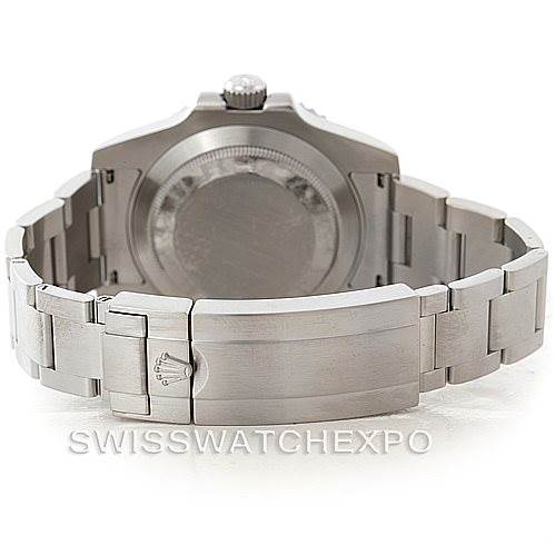 This image shows the case back and bracelet clasp of a Rolex Submariner 116610LV Men
s Stainless Steel Green Dial 116610LV Men
s Stainless Steel Green Dial watch from a rear angle.