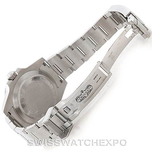 The image shows a partial view of the Rolex Submariner 116610LV Men
s Stainless Steel Green Dial 116610LV Men
s Stainless Steel Green Dial watch from the back, highlighting its bracelet and clasp.