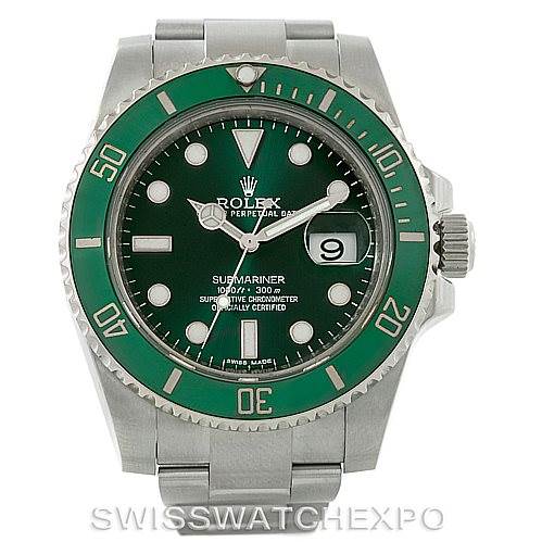 This image shows a front-facing view of a Rolex Submariner 116610LV Men
s Stainless Steel Green Dial 116610LV Men
s Stainless Steel Green Dial watch featuring a green bezel and dial with a date window.
