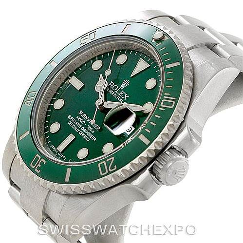 The image shows a Rolex Submariner 116610LV Men
s Stainless Steel Green Dial 116610LV Men
s Stainless Steel Green Dial watch at an angle highlighting the green bezel, dial, crown, and part of the bracelet.