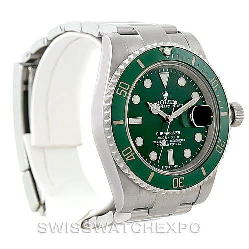 The image shows a Rolex Submariner 116610LV Men
s Stainless Steel Green Dial 116610LV Men
s Stainless Steel Green Dial watch at a three-quarter view angle, highlighting the green bezel, green dial, and stainless steel band.