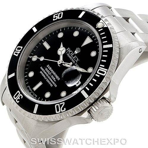 The image displays a Rolex Submariner 16610 Men
s Stainless Steel Black Dial 16610 Men
s Stainless Steel Black Dial watch at an angled side view, showing its black bezel, dial, crown, and a portion of the bracelet.