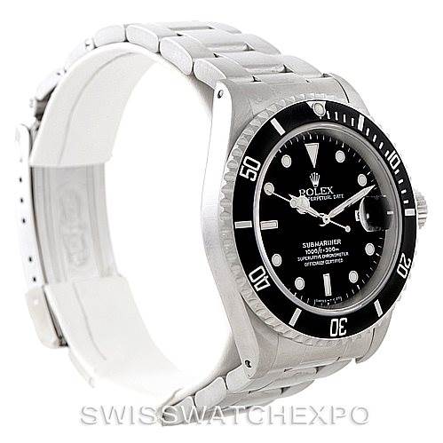 The image shows a Rolex Submariner 16610 Men
s Stainless Steel Black Dial 16610 Men
s Stainless Steel Black Dial watch at an angled side view, displaying its black dial and stainless steel bracelet.
