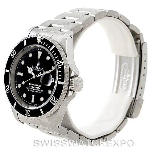 The image shows a side angle of a Rolex Submariner 16610 Men
s Stainless Steel Black Dial 16610 Men
s Stainless Steel Black Dial watch, highlighting the bezel, case, crown, and bracelet.