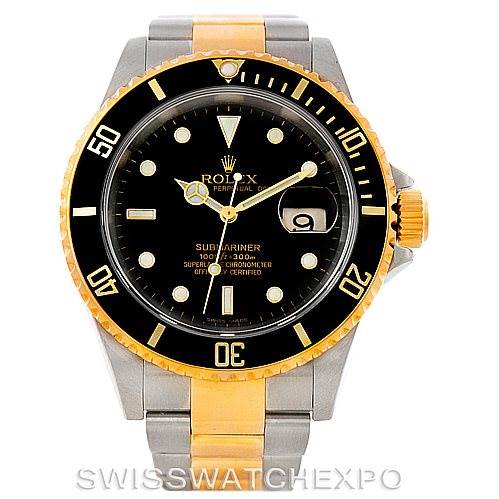 This image shows a frontal view of a Rolex Submariner 16613 Men's Steel and Gold (two tone) Black Dial 16613 Men's Steel and Gold (two tone) Black Dial watch, displaying its dial, bezel, crown, and bracelet.