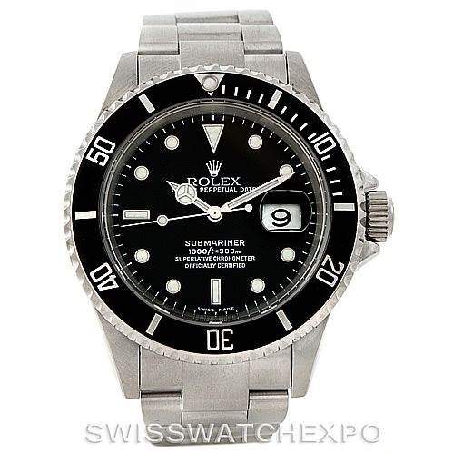 The image shows a front view of the Rolex Submariner 16610 Men
s Stainless Steel Black Dial 16610 Men
s Stainless Steel Black Dial watch, displaying its face, bezel, crown, and bracelet.