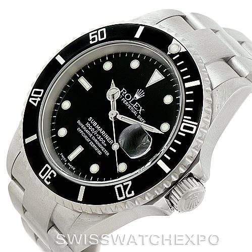 The image shows a Rolex Submariner 16610 Men
s Stainless Steel Black Dial 16610 Men
s Stainless Steel Black Dial watch at an angled view, highlighting the bezel, dial, bracelet, and crown.