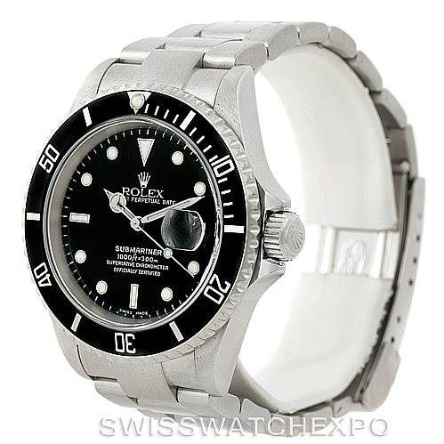 This image shows a Rolex Submariner 16610 Men
s Stainless Steel Black Dial 16610 Men
s Stainless Steel Black Dial watch angled to display the face, bezel, crown, and part of the bracelet.