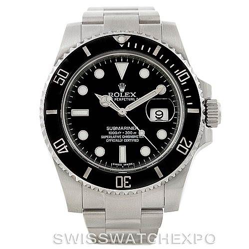 The image shows a Rolex Submariner 116610 Men
s Stainless Steel Black Dial 116610 Men
s Stainless Steel Black Dial watch from a front angle, highlighting the dial, bezel, and stainless steel bracelet.