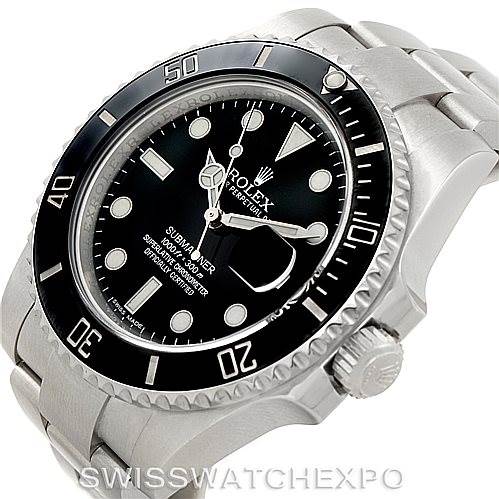 The image shows a close-up angle of the face and crown of a Rolex Submariner 116610 Men
s Stainless Steel Black Dial 116610 Men
s Stainless Steel Black Dial watch, highlighting the bezel and bracelet.