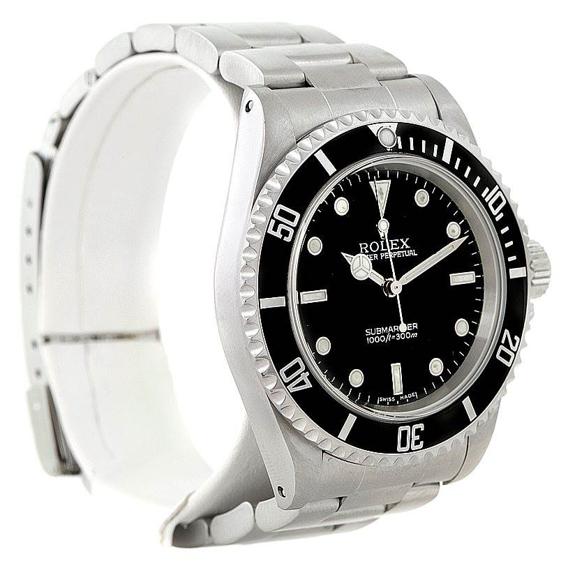 The Rolex Submariner 14060 Men
s Stainless Steel Black Dial 14060 Men
s Stainless Steel Black Dial watch is shown at a three-quarter angle, displaying the bezel, dial, crown, and bracelet.