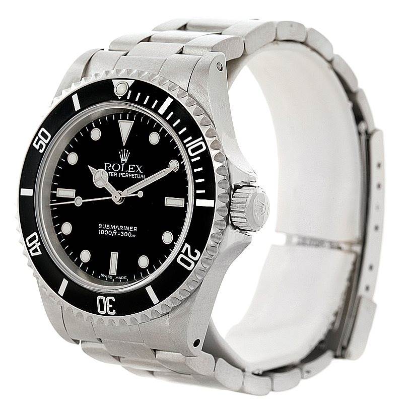 The image shows a side angle of the Rolex Submariner 14060 Men
s Stainless Steel Black Dial 14060 Men
s Stainless Steel Black Dial watch, displaying its face, bezel, and part of the metal strap.