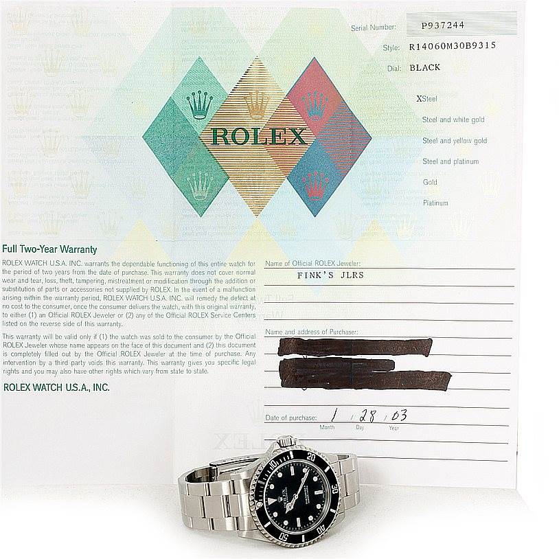 The image shows a frontal view of the Rolex Submariner 14060 Men
s Stainless Steel Black Dial 14060 Men
s Stainless Steel Black Dial watch placed in front of its warranty card.