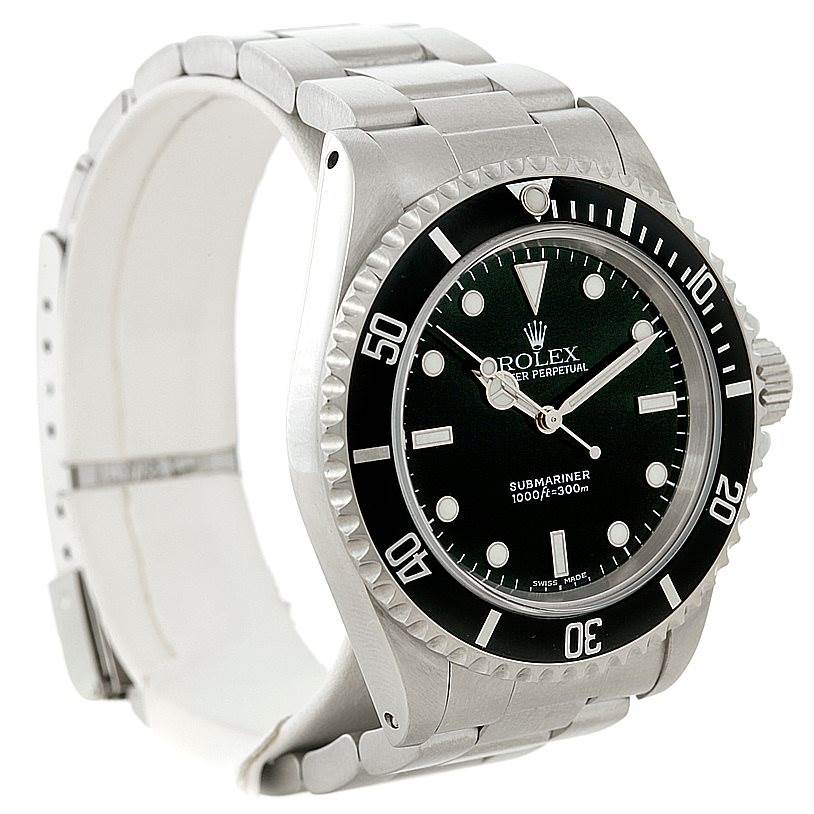 The image shows a side front angle of the Rolex Submariner 14060 Men
s Stainless Steel Black Dial 14060 Men
s Stainless Steel Black Dial, displaying the dial, bezel, case, and bracelet.