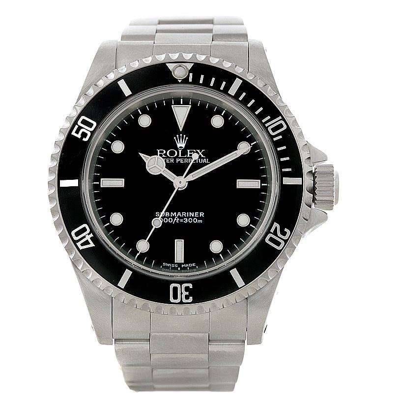 The image shows a front view of the Rolex Submariner 14060 Men
s Stainless Steel Black Dial 14060 Men
s Stainless Steel Black Dial watch, displaying the face, bezel, crown, and part of the bracelet.