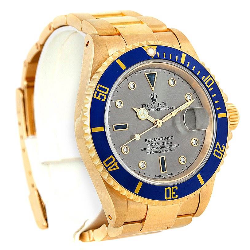 The image shows a Rolex Submariner 16618 Men's Yellow Gold Grey Dial 16618 Men's Yellow Gold Grey Dial watch viewed from the front-left angle, highlighting its bezel, dial, case, and bracelet.