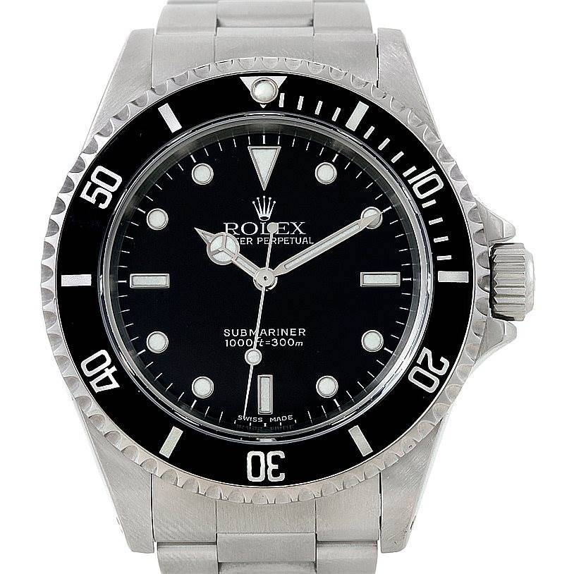 This image shows the front view of a Rolex Submariner 14060 Men
s Stainless Steel Black Dial 14060 Men
s Stainless Steel Black Dial watch, featuring the dial, bezel, crown, and part of the bracelet.